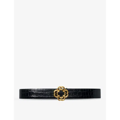 MAJE WOMENS CLOVER-BUCKLE CROC-EMBOSSED LEATHER BELT NOIR / GRIS