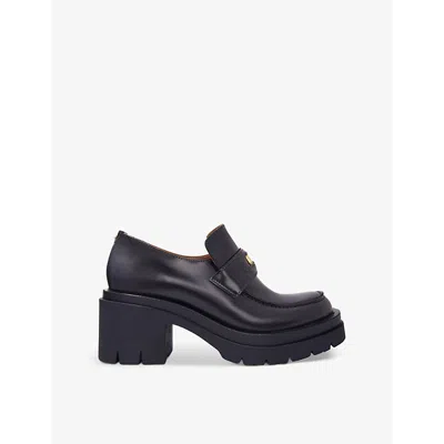 Maje Womens  Clover-embellished Slip-on Heeled Leather Loafers In Noir / Gris