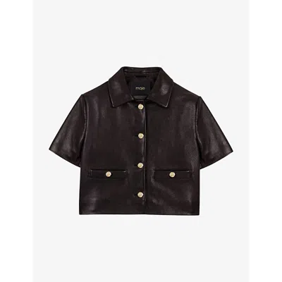 MAJE WOMENS CROPPED SHORT-SLEEVE LEATHER JACKET NOIR / GRIS