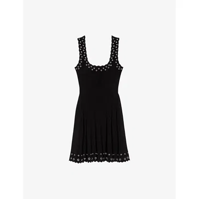MAJE WOMENS NOIR / GRIS EYELET-EMBELLISHED SCALLOPED-TRIM STRETCH-WOVEN MINI DRESS