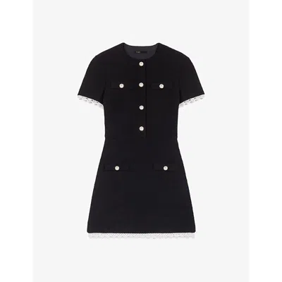 Maje Womens Noir / Gris Lace-trim Welt-pocket Woven Mini Dress