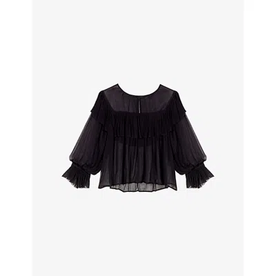 MAJE WOMENS NOIR / GRIS LONG-SLEEVED SHEER CHIFFON BLOUSE