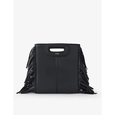 Maje Women's Noir / Gris M Mini Logo-embossed Fringed-trim Leather Cross-body Bag