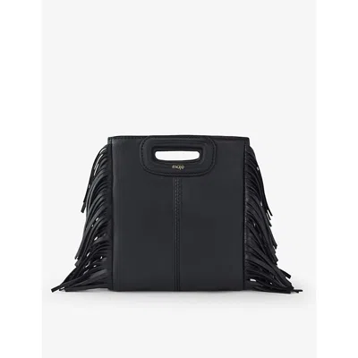 Maje Womens  M Mini Logo-embossed Fringed-trim Leather Cross-body Bag In Noir / Gris