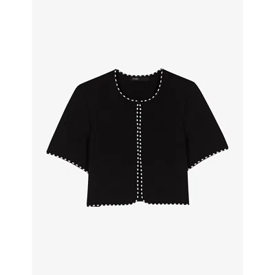 Maje Womens  Short-sleeved Striped-trim Knitted Cardigan In Noir / Gris