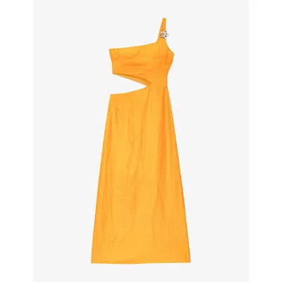 Maje Womens Orange Asymmetrical Cut-out Linen-blend Maxi Dress In Yellow
