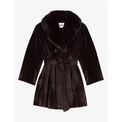 Maje Womens Oversized-lapel Belted Faux-fur Coat Dark Brown
