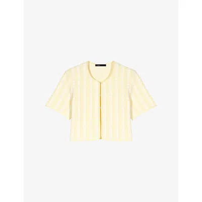 Maje Womens Pale Yellow Cropped Monogram-print Stretch-knit Cardigan