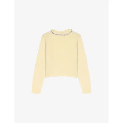 Maje Womens Pale Yellow Necklace-embellished Fluffy Knitted Jumper