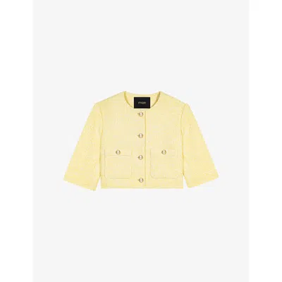 MAJE WOMENS PALE YELLOW ROUND-NECK SHORT SLEEVE TWEED JACKET