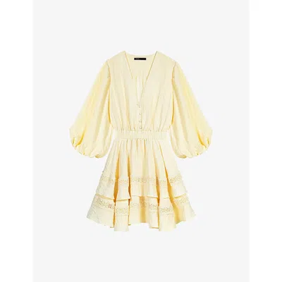 Maje Womens Pale Yellow Ruffled V-neck Woven Mini Dress