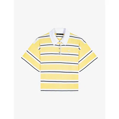 Maje Womens Pale Yellow Striped Cropped Knitted Polo Shirt