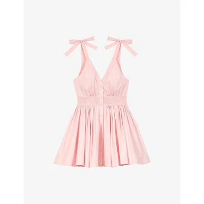 Maje Womens Pink Flared Smocked-waist Cotton Mini Dress