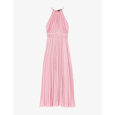 Maje Womens Pink High-neck Pleated Woven Maxi Dress