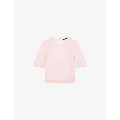 Maje Womens Pink Rhinestone-embellished Short-sleeved Stretch Wool-blend Jumper