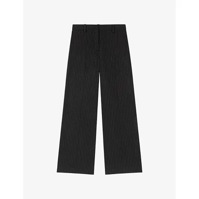 Maje Womens  Pinstriped Rhinestone-embellished Stretch-woven Trousers In Black