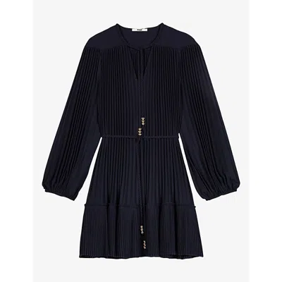 Maje Womens Pleated Blouson-sleeve Woven Mini Dress Navy
