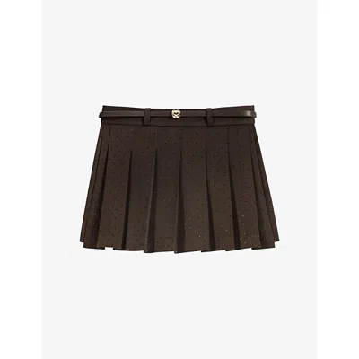 Maje Womens Pleated Rhinestone-embellished Stretch-woven Skort Brown
