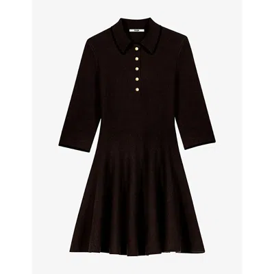Maje Womens Polo-collar Slim-fit Knitted Mini Dress Dark Brown