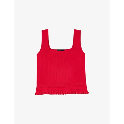 Maje Womens Red Ruffled Square-neck Stretch-knit Top