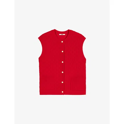 Maje Womens Red Sleeveless Cable-knitted Wool And Cashmere Top