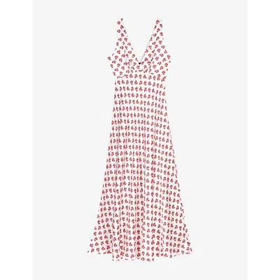 Maje Womens Red Small Flowers Print Floral-print V-neck Silk Maxi Dress