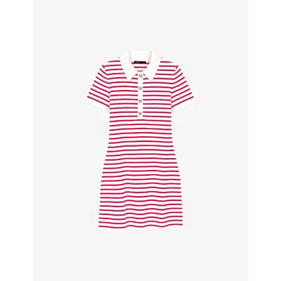 Maje Womens Red Striped Polo-collar Cotton-blend Mini Dress
