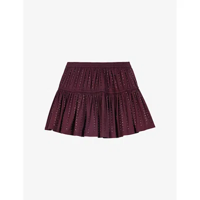 Maje Womens Rhinestone Elasticated-waist Stretch Cotton-blend Mini Skirt Burgundy