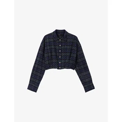 Maje Womens Blue / Green Rhinestone-embellished Checked Cropped Cotton Shirt