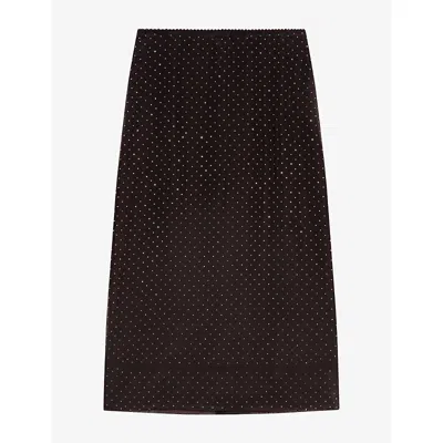 Maje Womens Rhinestone Straight-cut Woven Midi Skirt Dark Brown