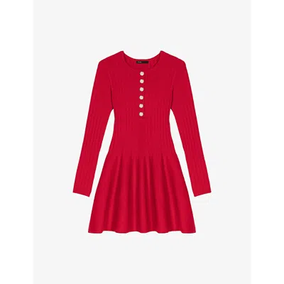 Maje Womens Round-neck Flared-skirt Stretch-knit Mini Dress In Red