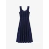Maje Womens Navy Round-neck Flared-skirt Stretch-velvet Midi Dress In Blue