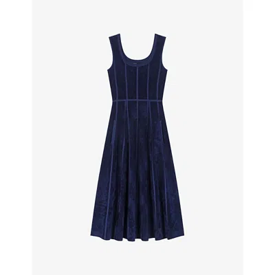 Maje Womens Navy Round-neck Flared-skirt Stretch-velvet Midi Dress In Blue
