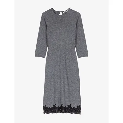 Maje Wool Lace-trim Midi Dress In Gray