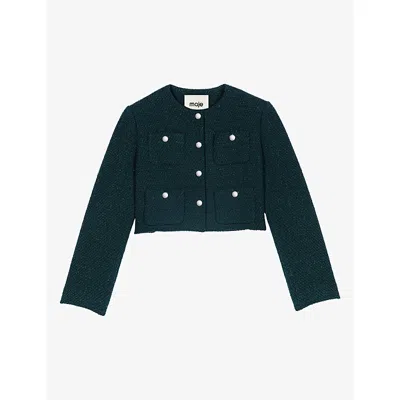 Maje Womens Round-neck Tweed Cotton-blend Jacket Bottle Green