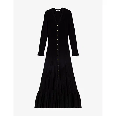 Maje Womens Ruffled V-neck Knitted Maxi Dress Black