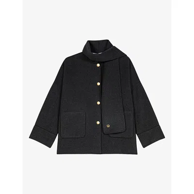 Maje Womens Scarf-detail Boxy-fit Wool-blend Coat Grey In Black