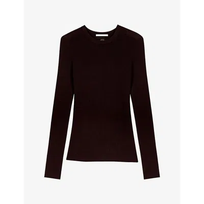 Maje Womens Second-skin Round-neck Wool And Silk-blend Jumper Dark Brown In Burgundy