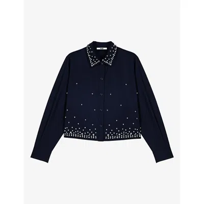 Maje Womens Short Rhinestone-embellished Stretch Wool-blend Shirt Navy In Blue