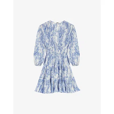 Maje Womens Sky Blue Large Flowers Floral-print Pleated Woven Mini Dress
