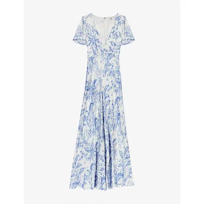 Maje Womens Sky Blue Large Flowers Floral-print V-neck Woven Maxi Dress