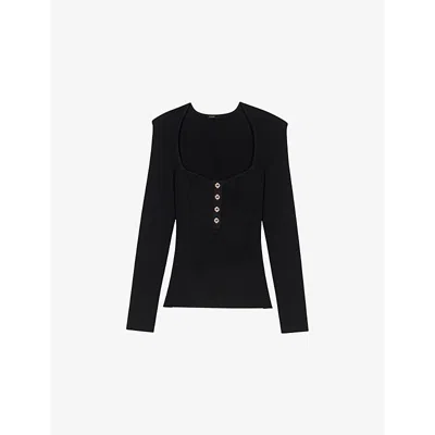 MAJE WOMENS NOIR / GRIS SQUARE-NECK LONG-SLEEVE RIBBED-KNIT TOP