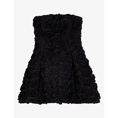 Maje Womens Strapless Flower-embellished Woven Mini Dress Black