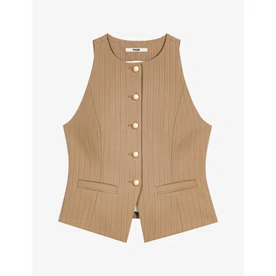 Maje Womens Striped Sleeveless Wool-blend Waistcoat Beige
