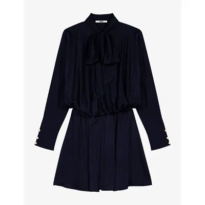 Maje Womens Tie-neck Draped Satin Mini Dress Navy In Blue