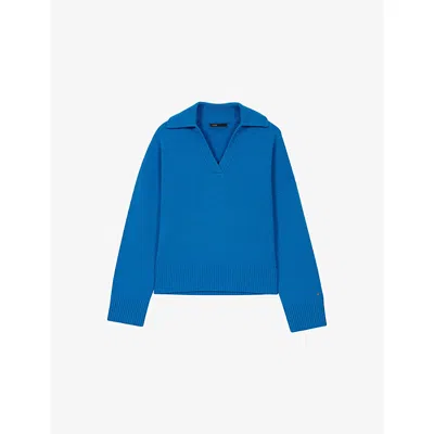 MAJE WOMENS OPEN-COLLAR STRETCH WOOL AND CASHMERE-BLEND JUMPER TURQUOISE