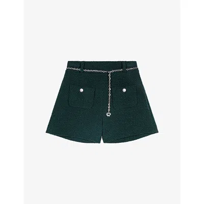 Maje Womens Tweed Chain-embellished Stretch Cotton-blend Shorts Bottle Green