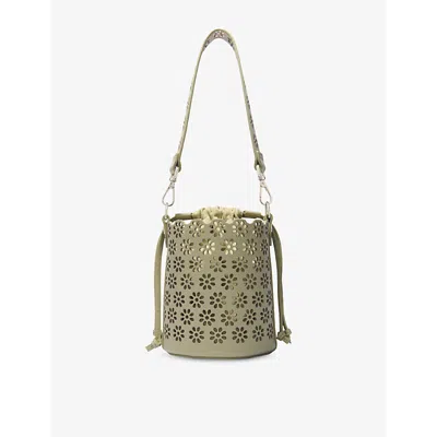 MAJE WOMENS VERTS FLORAL-MOTIF PERFORATED LEATHER BUCKET BAG