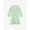 Maje Womens  Graphic-print V-neck Woven Mini Dress In Verts