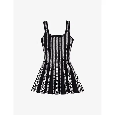 MAJE WOMENS ROPE-INTARSIA SQUARE-NECK STRETCH-KNIT MINI DRESS WHITE / BLACK